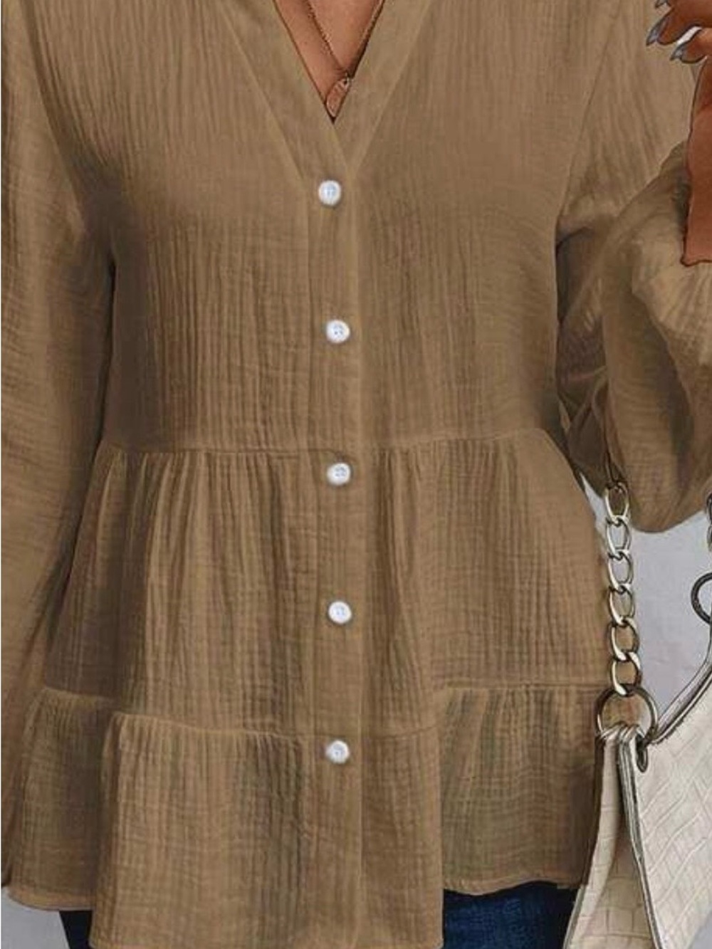 Tiered V-Neck Button Front Blouse in Brown